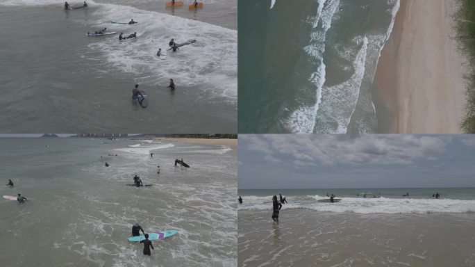 【4K】海滩海浪冲浪滑板的教练和游客航拍