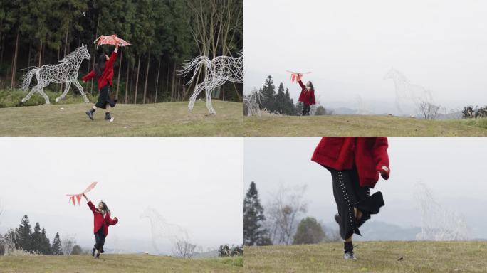 新年放风筝跑的女孩