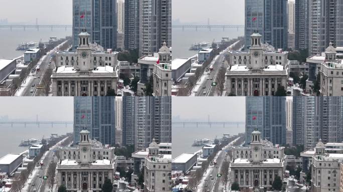 武汉航拍江汉关钟楼武汉关轮渡码头船雪景