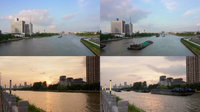 苏州京杭大运河延时摄影货船往来日转夜