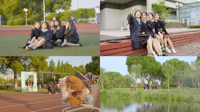 夏日青春女大学生一起拍毕业照学士服