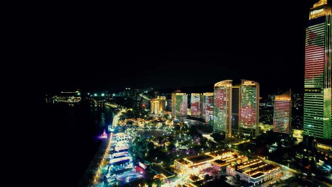 山东烟台滨海广场夜景灯光航拍