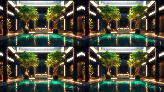 4K三维3D豪华别墅室内设计泳池温泉背景