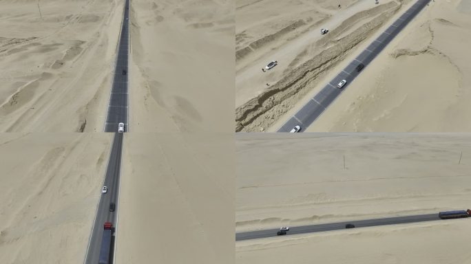 4k航拍沙漠中间笔直公路车辆行驶u形公路
