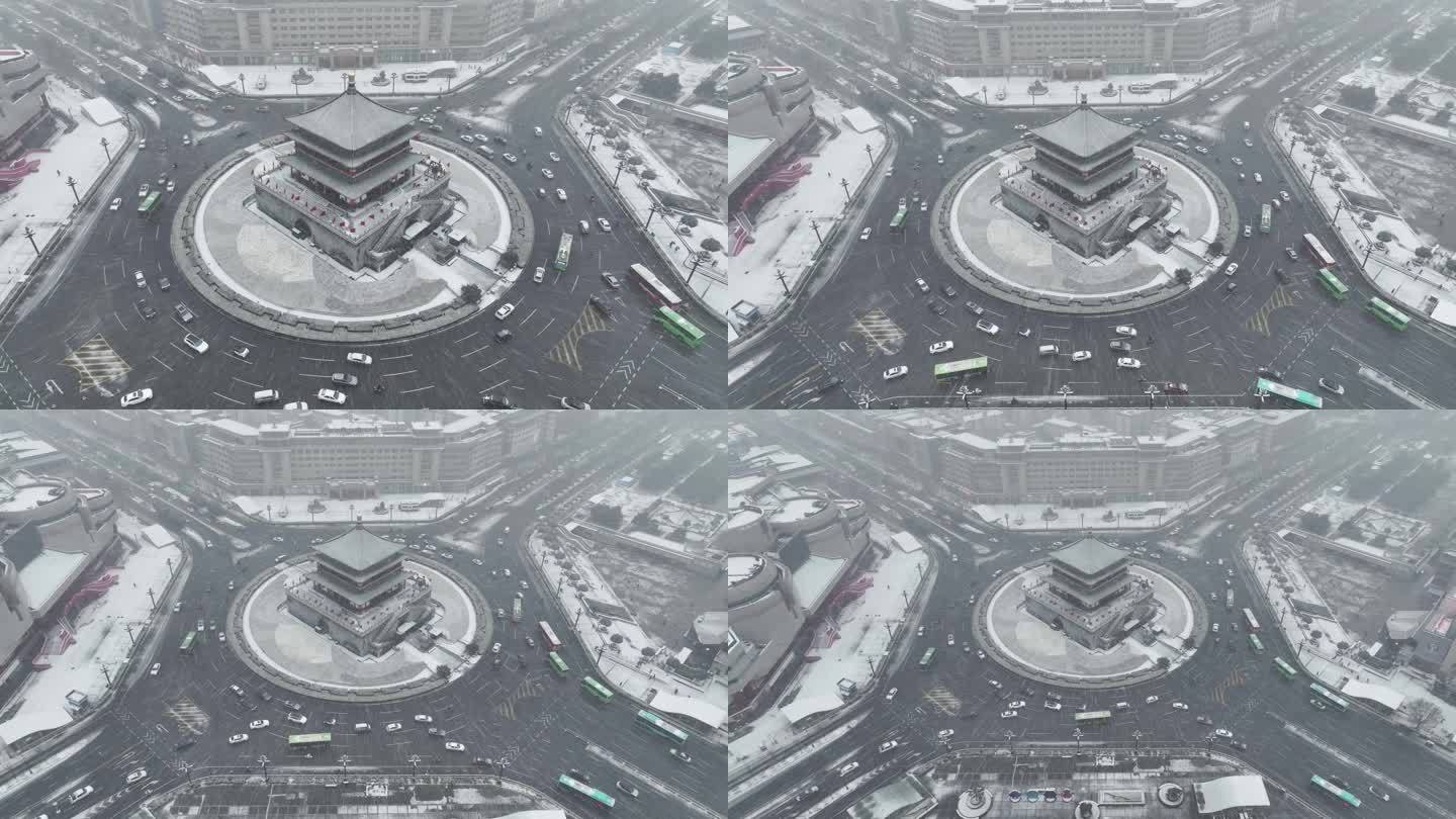 中国陕西省西安市正在下雪的西安钟楼雪景