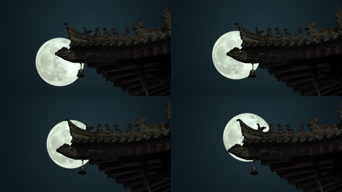 4k中秋节夜晚古建筑月亮圆月升起
