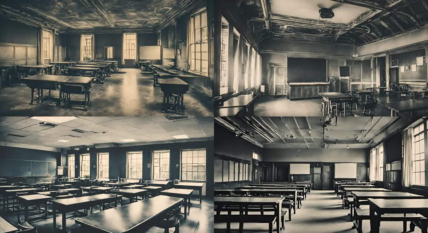 老旧教室桌子黑白历史影像