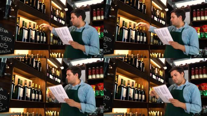 一名男酒商在查看特色店的酒单时，正在检查葡萄酒的库存和陈列