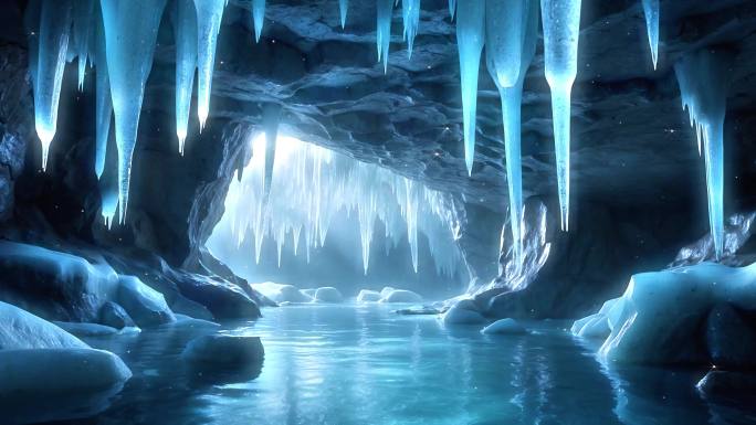 4K唯美梦幻冰川冰窟洞穴冰柱南极北极背景
