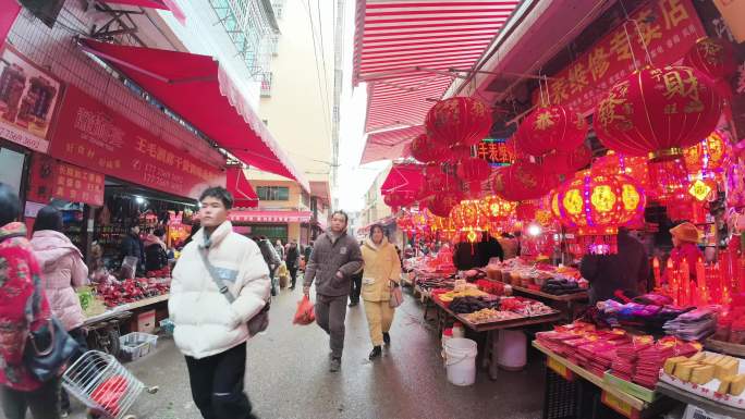 春节乡镇集市 农村赶集新年大灯笼年货延时