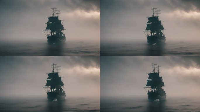 一望无际雾气笼罩的海面上一艘航行中的帆船