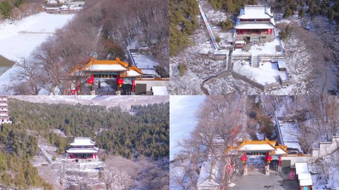 航拍枣庄峄城青檀寺雪景建筑