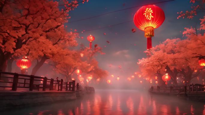 中式建筑红色灯笼元宵节视频
