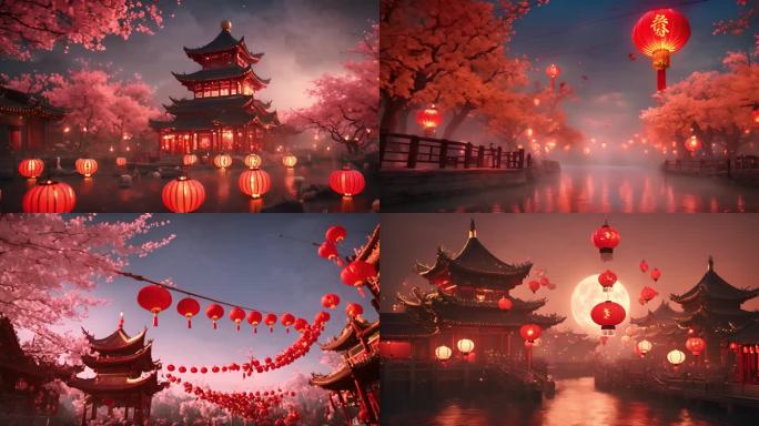 中式建筑红色灯笼元宵节视频