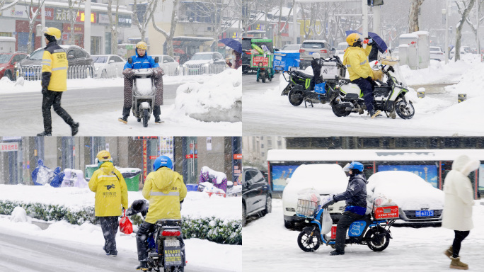 雨雪恶劣天气外卖小哥送餐城市奔波奋斗励志