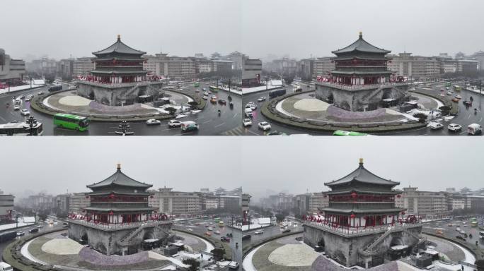 中国陕西省西安市正在下雪的西安钟楼雪景