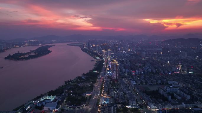 4K温州永嘉城市航拍日落夜景