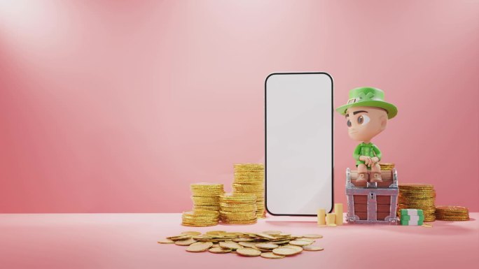 数字财富:小妖精雕像与金币和智能手机的红色背景