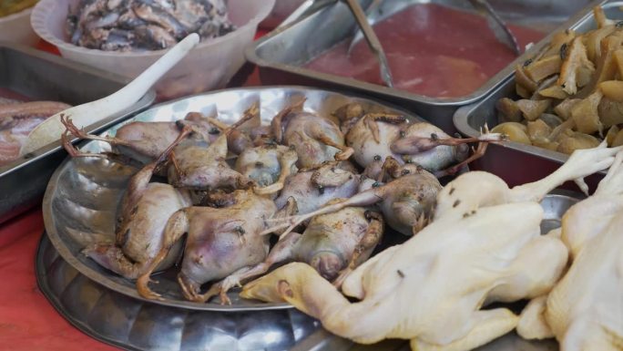 近距离拍摄的中国市场上准备煎炸的生麻雀被苍蝇包围