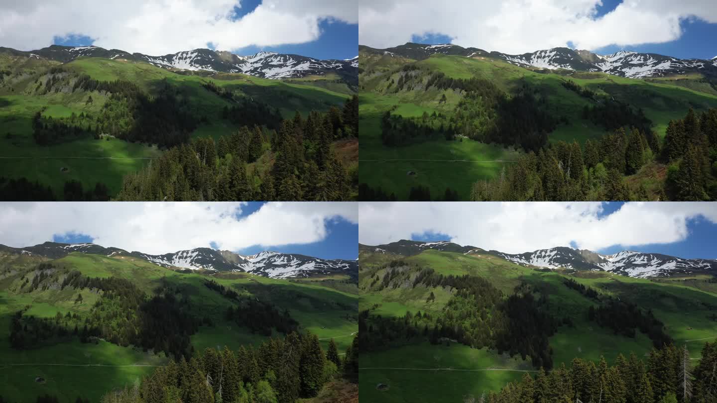 绿色的阿尔卑斯山乡村在欧洲，法国，朝博福特，在阿尔卑斯山，在夏天，在一个阳光明媚的日子。