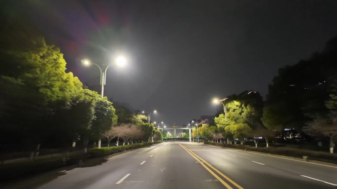 城市夜晚开车第一视角汽车窗外沿途风景马路