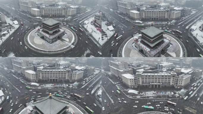 中国陕西省西安市正在下雪的西安钟楼雪景