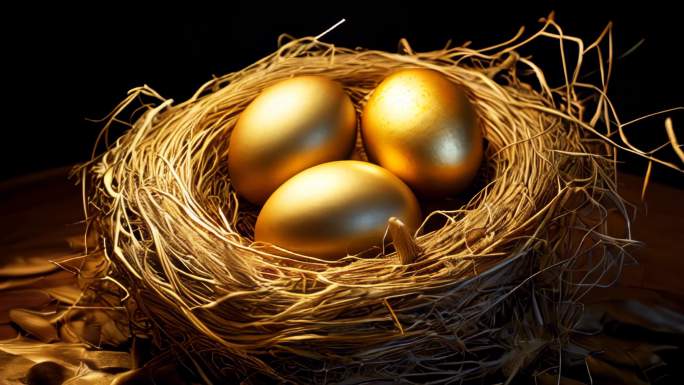 金融投资孵化概念金蛋在鸟巢里黑色背景下