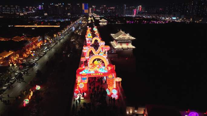 航拍山西大同古城夜景灯会