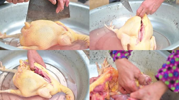 传统农村手工分割鸡