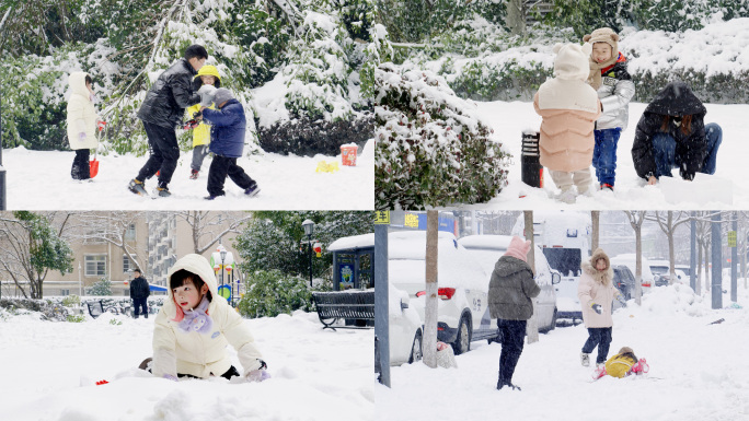 冬天雪天孩子玩雪打雪仗堆雪人冬天城市雪景