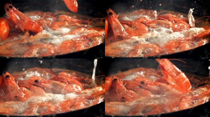 虾扑通一声掉进沸水里。用高速摄像机拍摄，每秒1000帧。