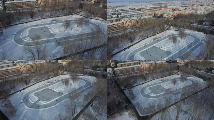 东北雪后的公园溜冰