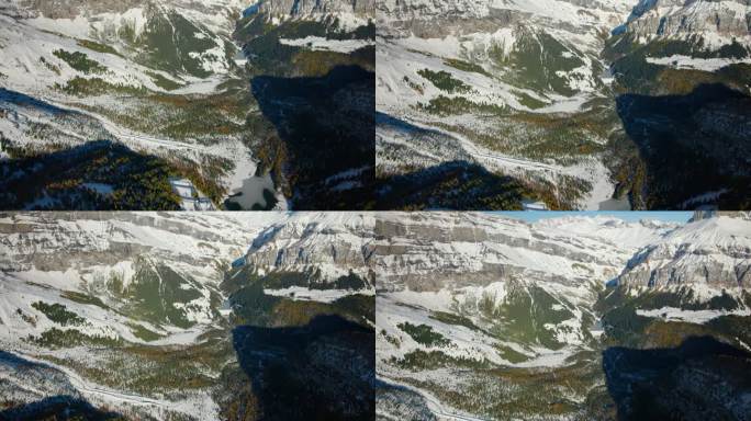 瑞士，瓦莱州，白雪皑皑的秋天，瓦莱州山脉内的德博伦斯山谷。直升机航拍