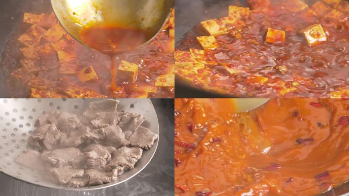 川菜-麻婆豆腐、水煮肉片锅中烹饪过程