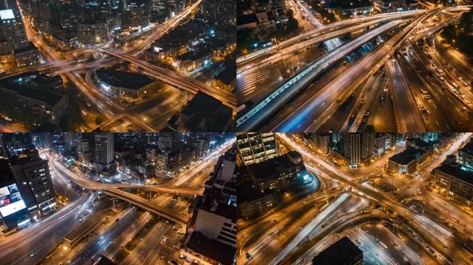 夜晚不同类型繁忙的城市道路航拍