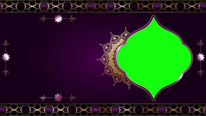 动画豪华紫色伊斯兰阿拉伯背景，穆斯林设计视频壁纸，金色曼陀罗装饰循环流畅，4K色度绿屏循环动画