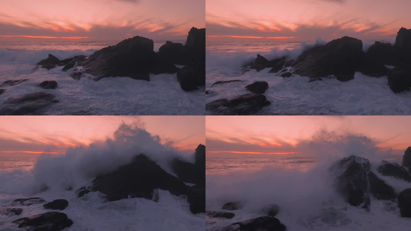 色彩鲜艳的日落和猛烈的海浪撞击岩石。