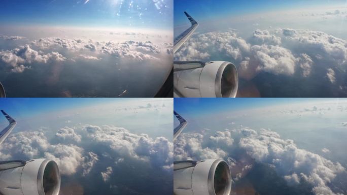 高空飞行的飞机穿越云层
