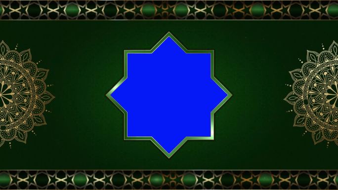 动画豪华绿色伊斯兰阿拉伯背景，穆斯林设计视频壁纸，金色曼陀罗装饰循环流畅，4K色度绿屏循环动画
