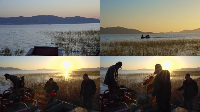 秋天日落水库湖泊渔民乘船打鱼归来收获丰收
