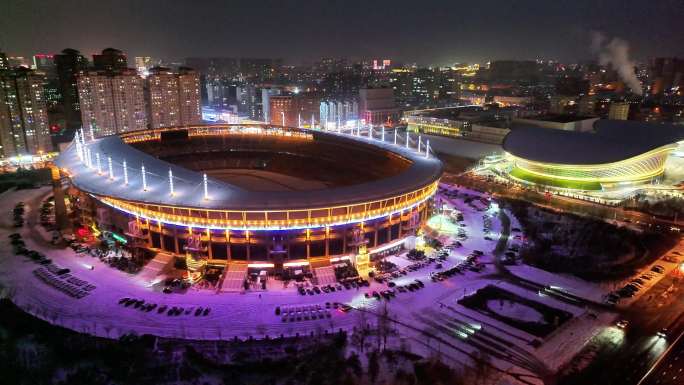 呼和浩特体育场夜景 航拍呼和浩特地标建筑