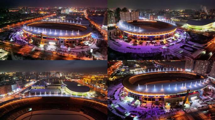 呼和浩特体育场夜景 航拍呼和浩特地标建筑