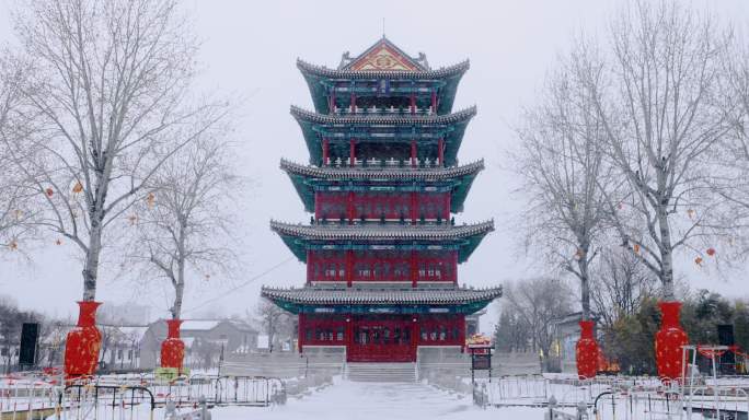 冬季雪中传统建筑杨家埠古风园林庭院