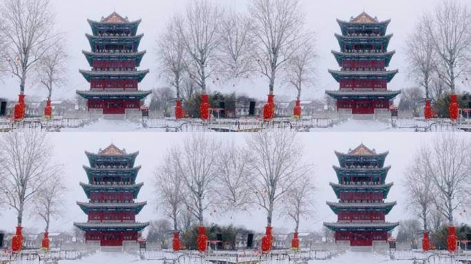 冬季雪中传统建筑杨家埠古风园林庭院