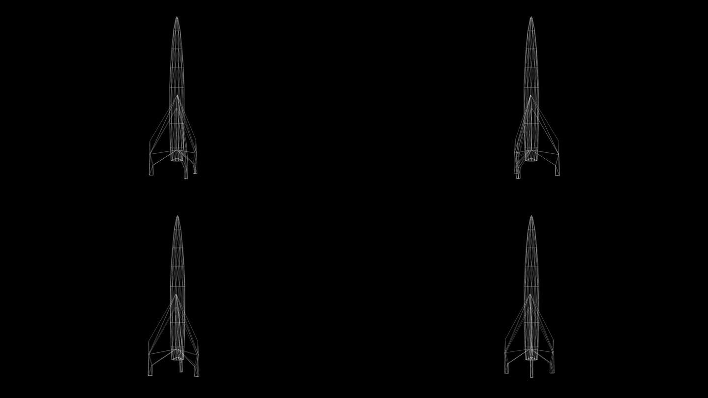 旋转三维线框火箭运动图形与纯黑色背景