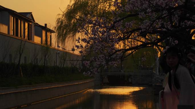 苏州园林景观小河落日余晖春天