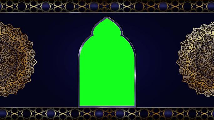 动画豪华蓝色伊斯兰背景，伊斯兰设计视频模板，金色曼陀罗装饰循环流畅，4K绿屏循环动画