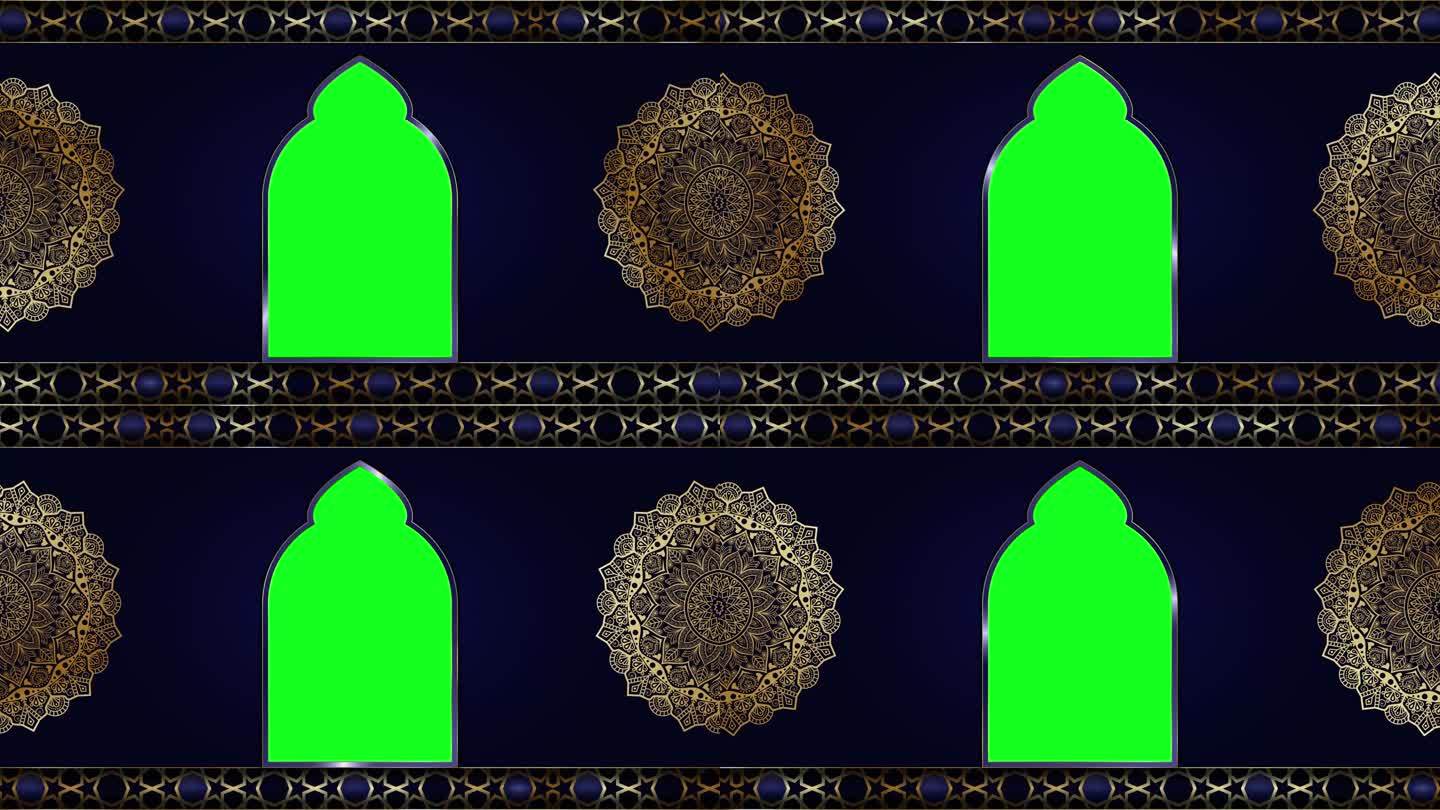 动画豪华蓝色伊斯兰背景，伊斯兰设计视频模板，金色曼陀罗装饰循环流畅，4K绿屏循环动画