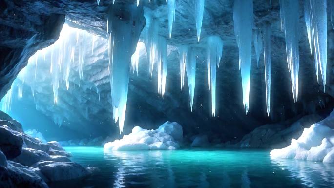 4K唯美梦幻冰川洞穴冰窟冰柱南极北极背景