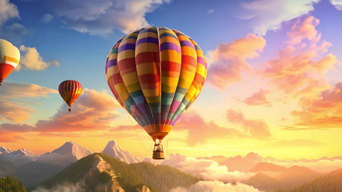 夕阳下各种角度的热气球之旅素材动画